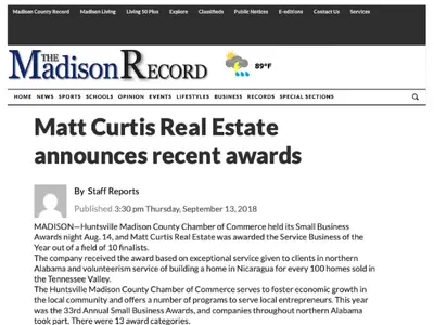 At the Huntsville Madison County Chamber of Commerce Small Business Awards on August 14, Matt Curtis Real Estate was honored as Service Business of the Year. The award recognized the company's exceptional client service and community efforts, including th